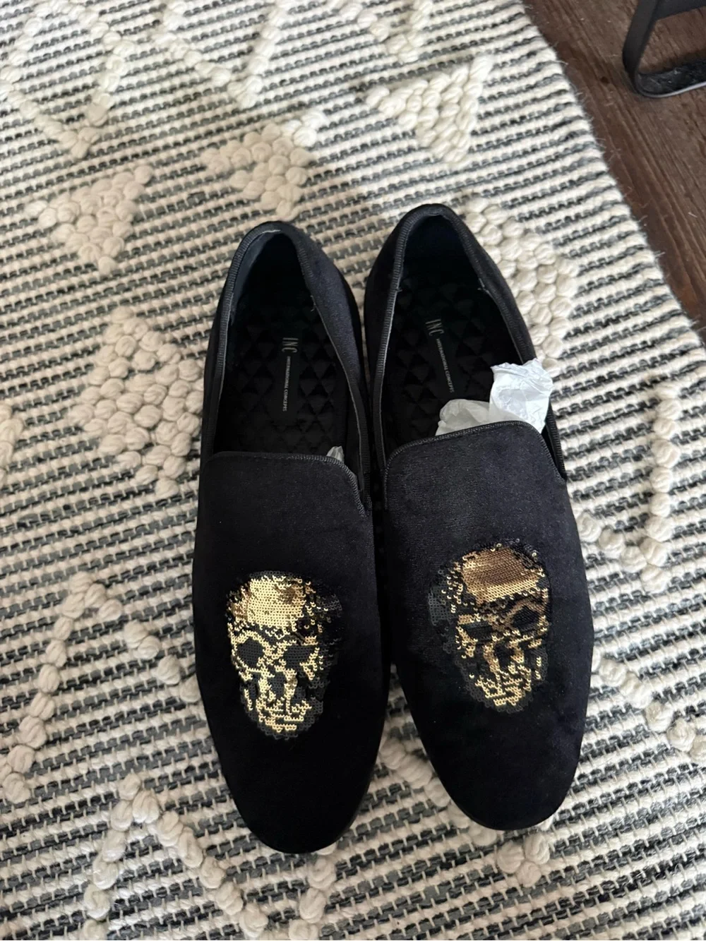 INC International Concepts Black Velvet Loafers with Gold Skull Sequin Detail